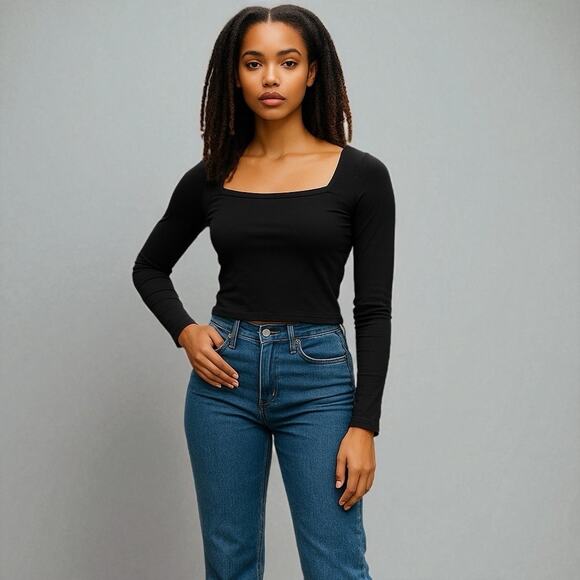 ASOS Tops - ASOS Top Womens Size 6 Black Square Neck Cropped Long Sleeves